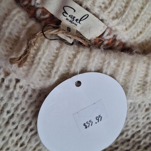 Smiley Face Sweater Yellow Striped Loose Knit Pullover Small by Easel NWT Cream - Picture 11 of 16